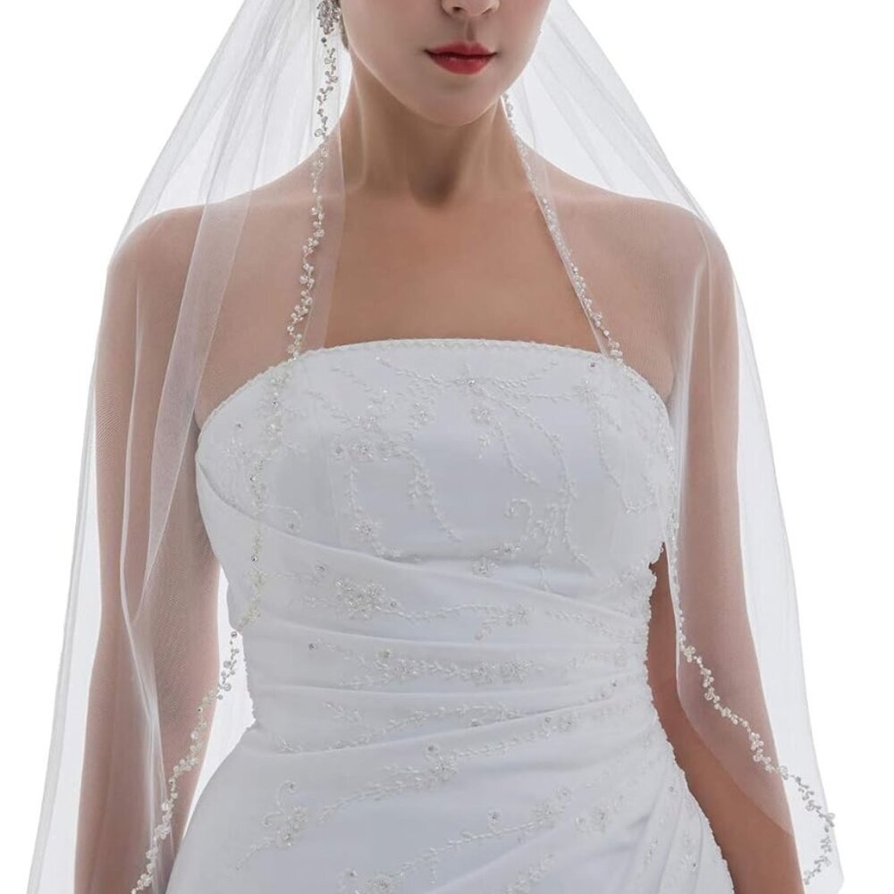 1T 1 Tier Offset Flower Vine Edge Crystal Pearl Bridal Veil